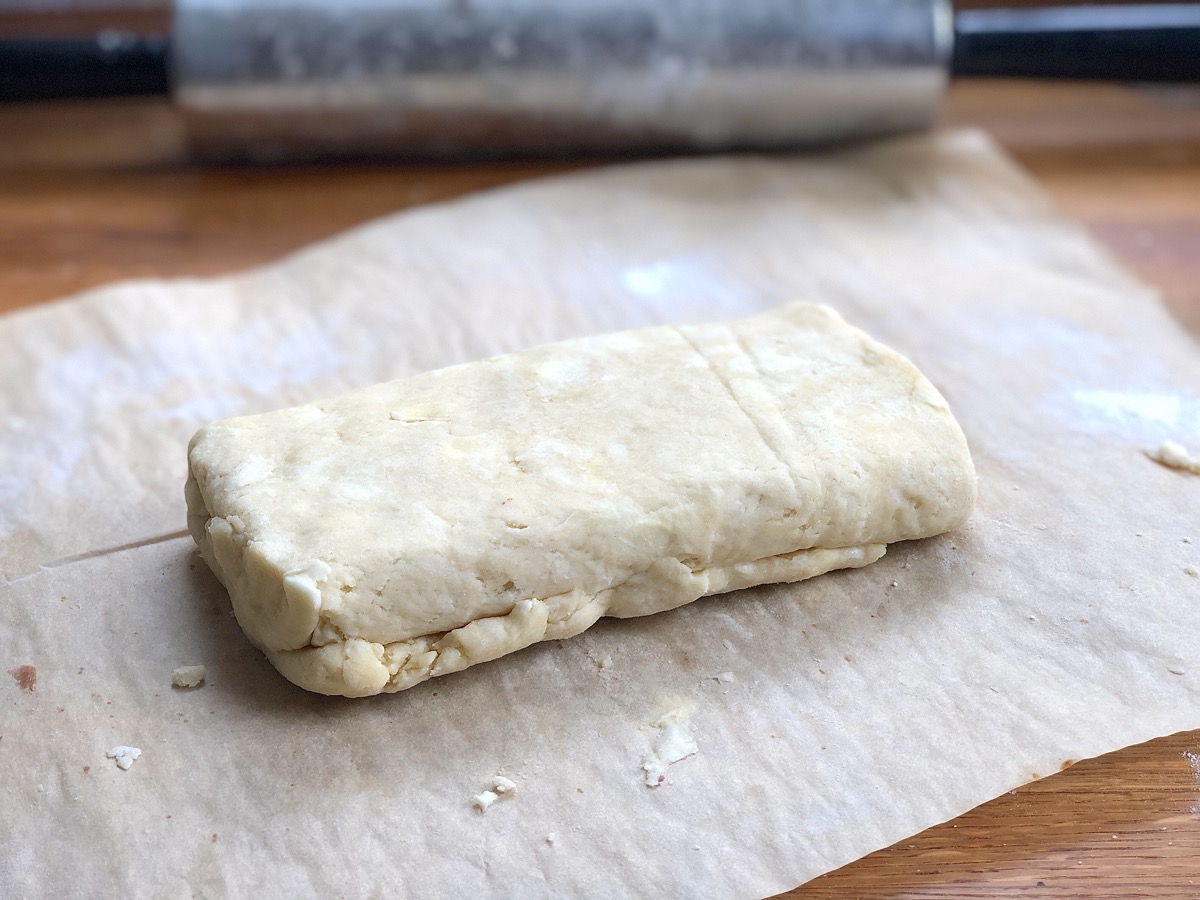 Super-flaky pie crust dough folded and ready to chill