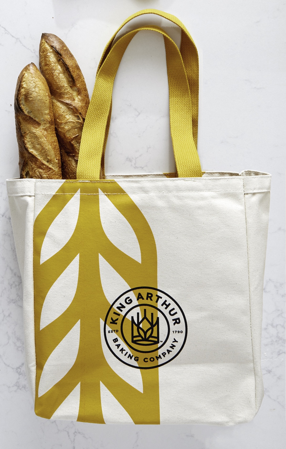 King Arthur Baking Company tote bag with two baguettes.