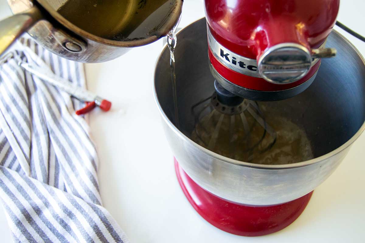 Pouring syrup into stand mixer