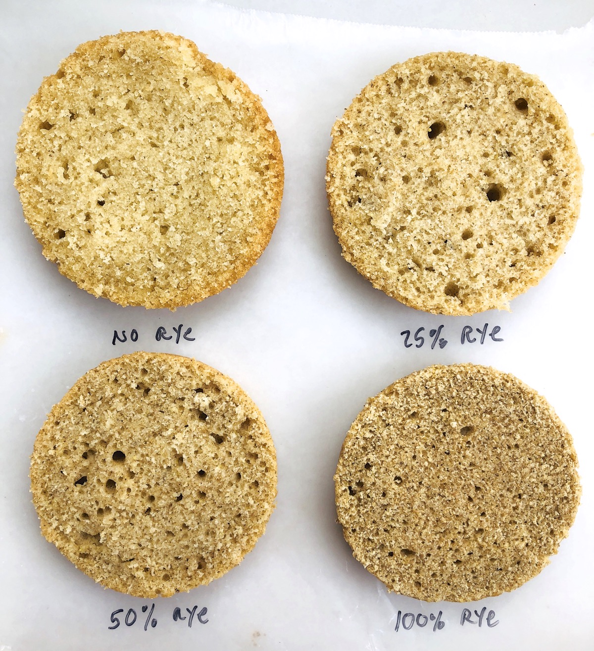 Cross sections of Doughnut Muffins made with three levels of rye flour, plus a control made with al-purpose flour.