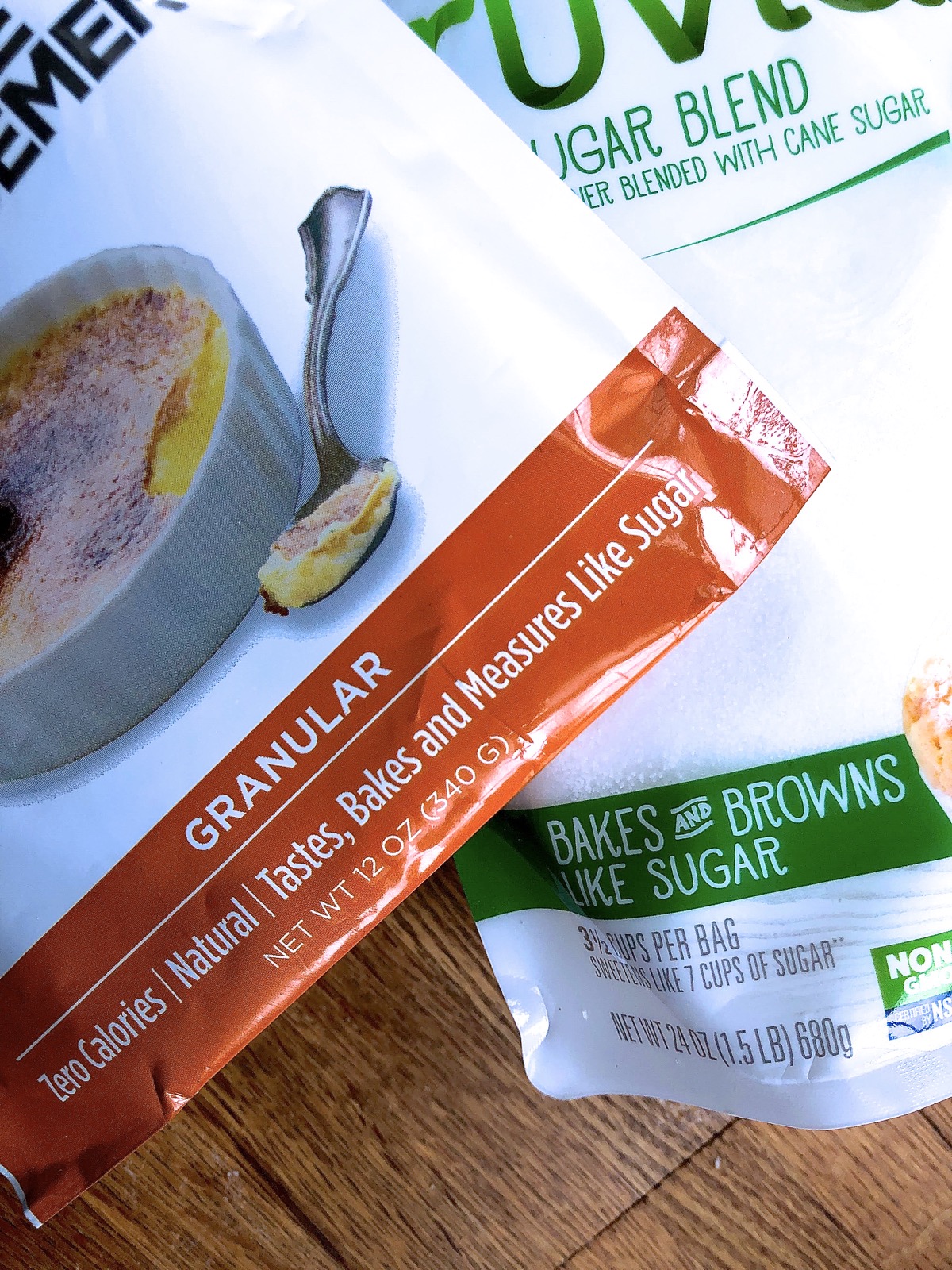 Closeup of wording on bags of Swerve and Truvia Cane Sugar Blend