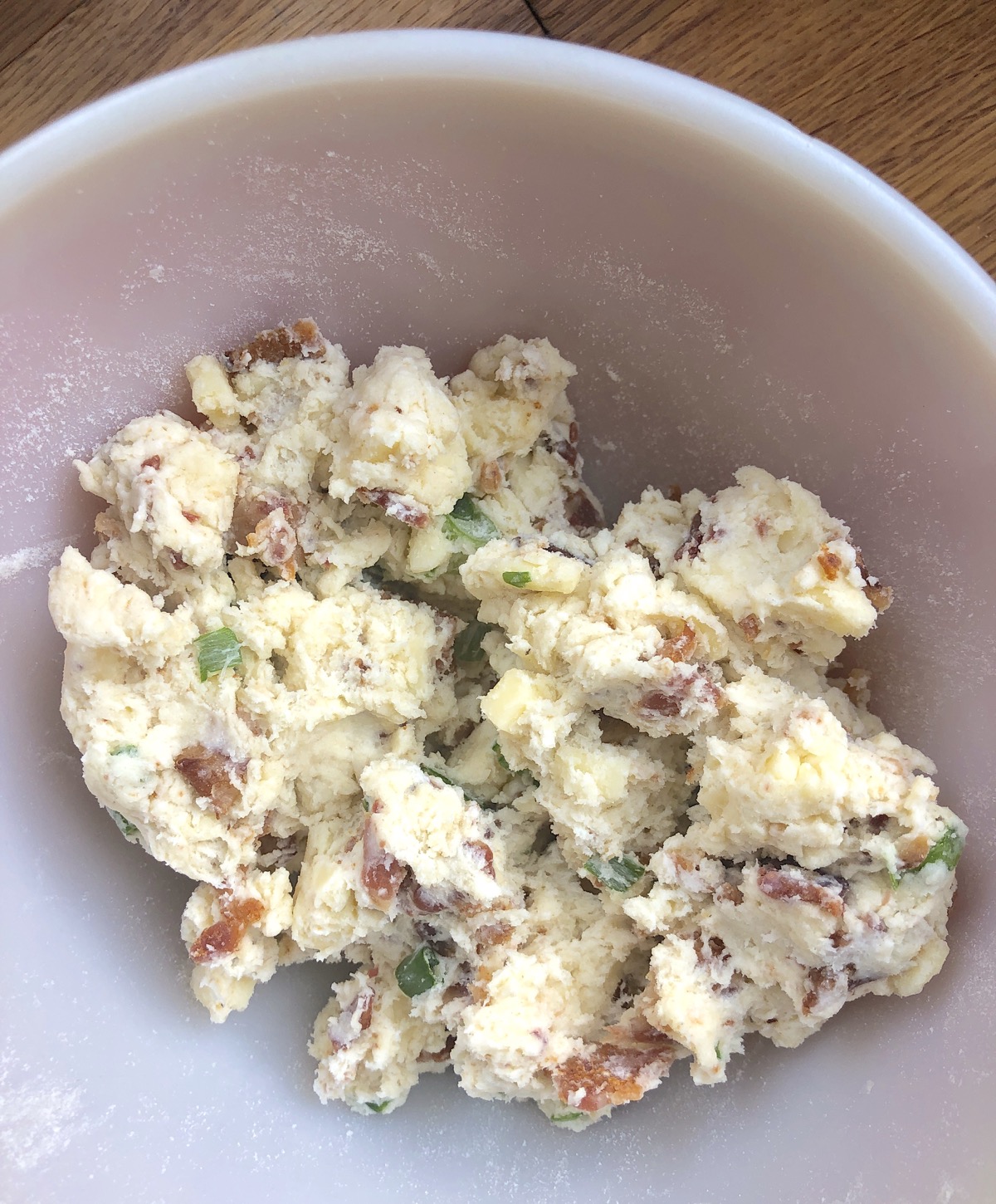 Crumbly dough for Bacon-Cheddar-Chive Scones.