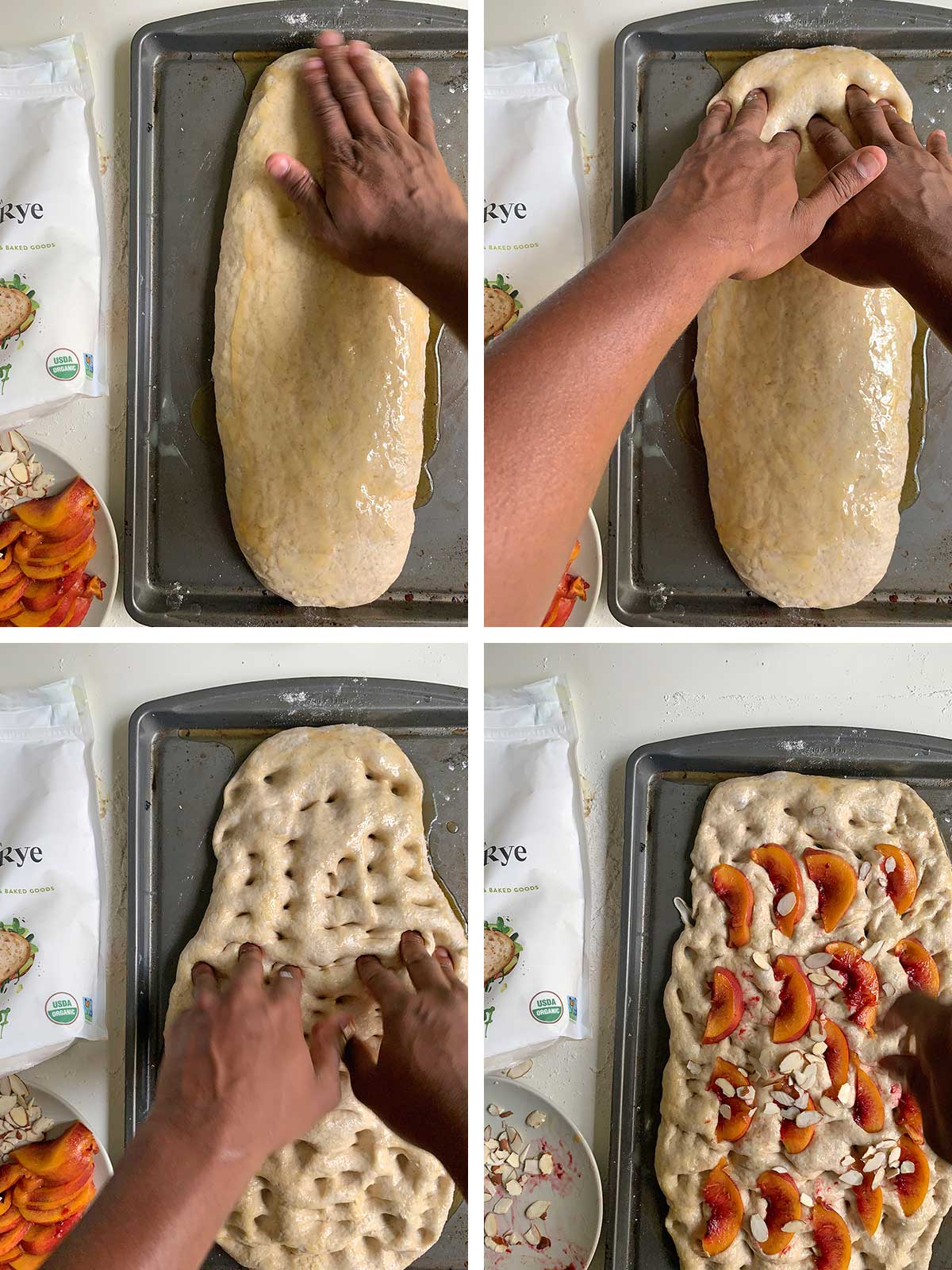 Four photos showing hands dimpling then topping the focaccia dough