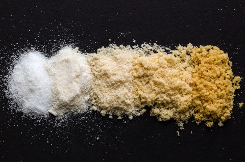 Five kinds of sugar, starting with granulated white sugar and ending with sugar that's been toasted for 4 hours