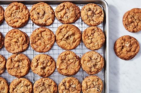 Salty-Sweet Butter Pecan Cookies on a rack - select to zoom