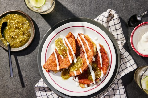 Tacos Rojos (Red Tacos) with Queso Fresco and Salsa Verde - select to zoom
