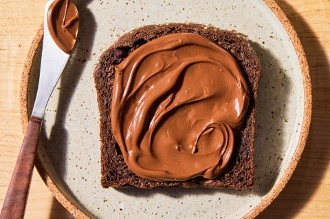 A slice of Chocolate Milk Bread with Chocolate-Hazelnut spread - select to zoom