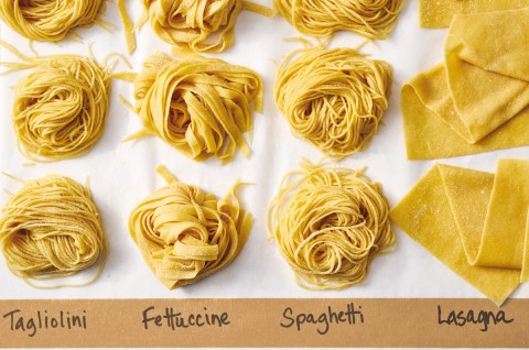 Four different types of fresh pasta noodles next to each other