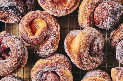 Fruit-Filled Morning Buns on a sheet pan - select to zoom