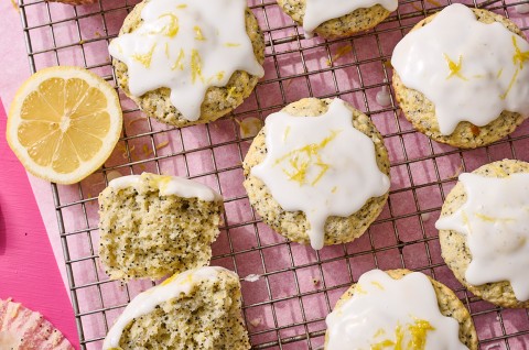Lemon Poppy Seed Muffins on a cooling rack - select to zoom