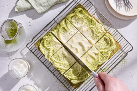 Matcha Latte Bars shot from overhead on a cooling rack - select to zoom