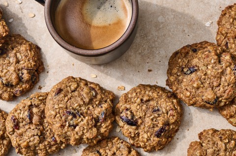 Oatmeal and Flax Cranberry Cookies with a cup of coffee - select to zoom