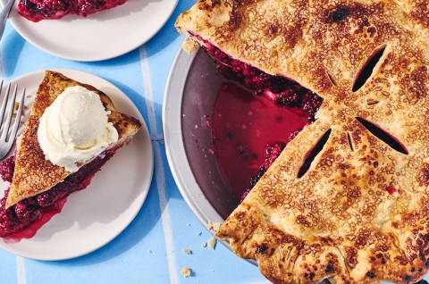 Gingery Blackberry Pie with a slice taken out - select to zoom