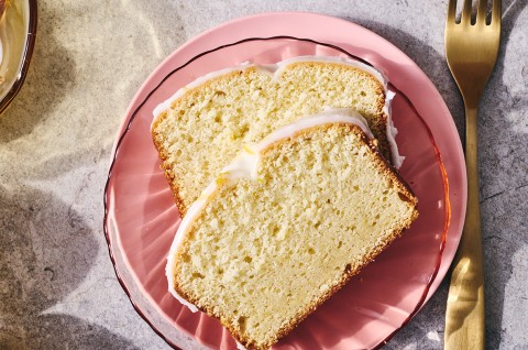 2 slices of Glazed Sourdough Lemon Cake on a plate - select to zoom