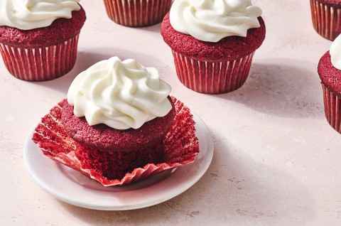 Red Velvet Cupcakes, one with the wrapper undone - select to zoom