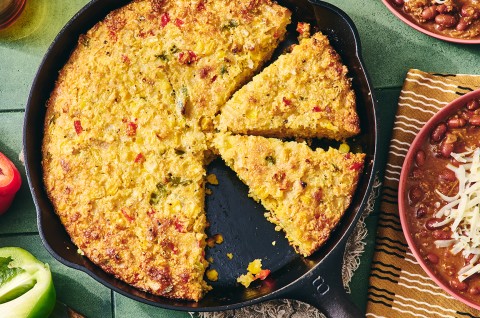 Sopa Paraguaya cut up in a cast iron pan - select to zoom
