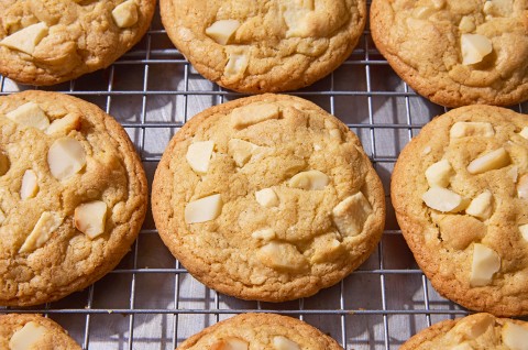 White Chocolate Macadamia Nut Cookies on a cooling rack - select to zoom