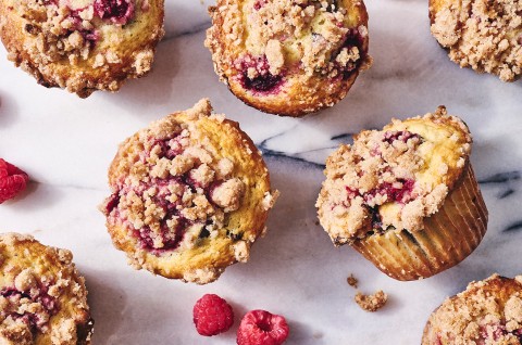 Raspberry-Chocolate Chip Muffins on a counter - select to zoom
