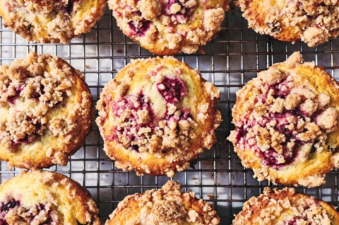 Raspberry-Chocolate Chip Muffins on a cooling rack from overhead - select to zoom