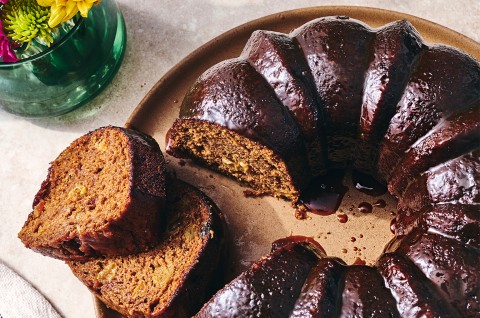 Close up of Sweet Potato Cake with slices cut out of it - select to zoom