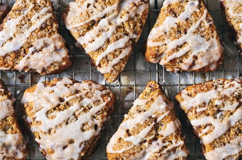 Cinnamon Whole Wheat Scones on a cooling rack, glazed - select to zoom