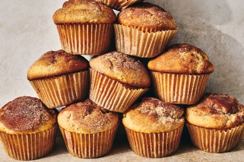 Cinnamon-Sugar Doughnut Muffins stacked up - select to zoom