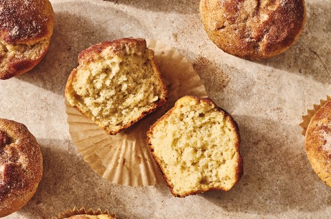 A Cinnamon-Sugar Doughnut Muffins cut in half - select to zoom