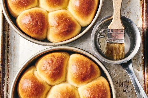 Golden Pull-Apart Butter Buns and a brush with clarified butter for topping - select to zoom