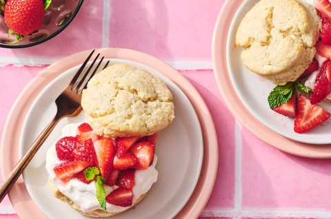 Self-Rising Cream Biscuits made into a shortcake topped with strawberries and whipped cream - select to zoom