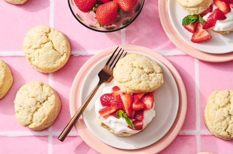 Self-Rising Cream Biscuits made into a shortcake topped with strawberries and whipped cream - select to zoom