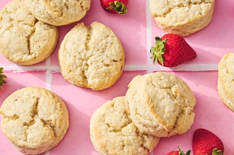 Self-Rising Cream Biscuits on a counter with strawberries - select to zoom