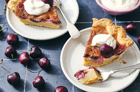 Cherry-Vanilla Cream Pie on plates with cherries - select to zoom