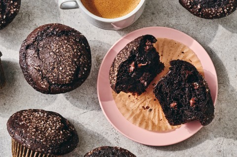 A Chocolate Breakfast Muffin broken open on a plate - select to zoom