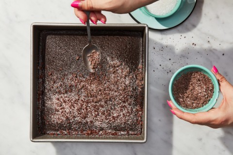 Chocolate olive oil cake in a square cake pan