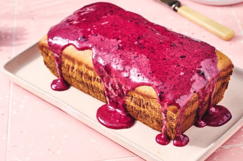 Lemon Blueberry Loaf Cake covered in a berry drizzle - select to zoom