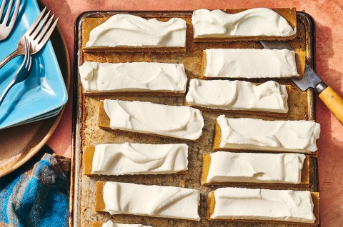 Pumpkin Pie Bars on a sheet pan - select to zoom