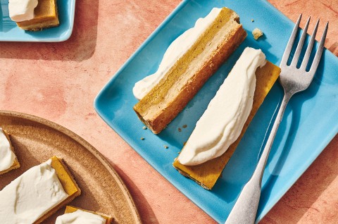 Pumpkin Pie Bars sliced up on a plate - select to zoom