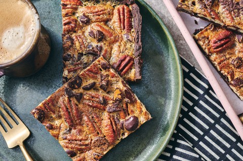 Two slices of Slab Chocolate Pecan Pie on a plate. - select to zoom
