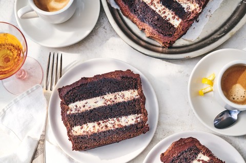 Chocolate Cassata Cake on a plate with a slice laying down showing layers of chocolate and creamy filling. - select to zoom