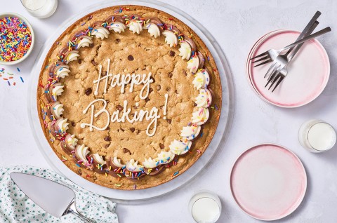 Chocolate Chip Cookie Cake on a counter. - select to zoom