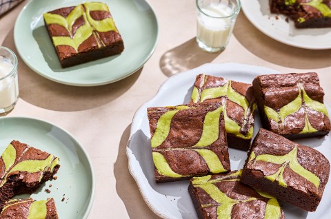 Mint Brownies stacked and arranged on plates. - select to zoom