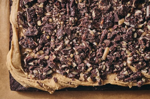 Chocolate Caramel Almond Crunch Brownies before cutting, straight out of the oven. - select to zoom