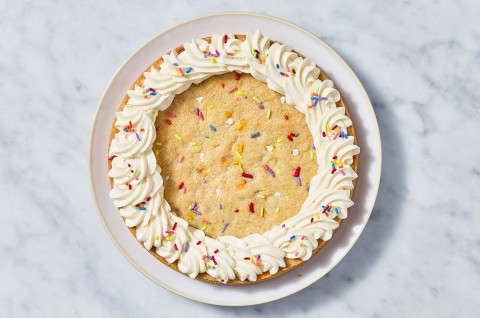 Confetti Sugar Cookie Cake on a marble counter - select to zoom