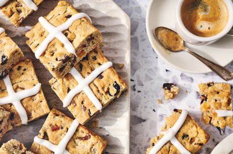 Gluten Free Hot Cross Biscuits and a cup of coffee seen from above - select to zoom