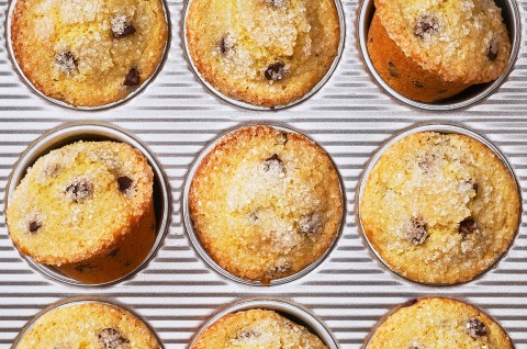 Easy Chocolate Chip Muffins in a muffin tin - select to zoom