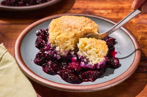 Sourdough Discard Blueberry Cobbler on a plate - select to zoom