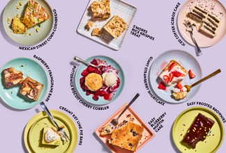 Nine summer recipes against a light purple background, with text descriptions of each recipe name