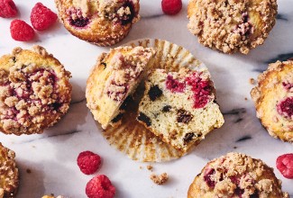 A cut-in-half Raspberry-Chocolate Chip Muffin