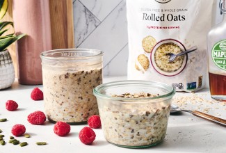 Simple Overnight Oats in jars with raspberries