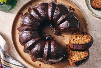 Sweet Potato Cake baked in a bundt with two slices cut out